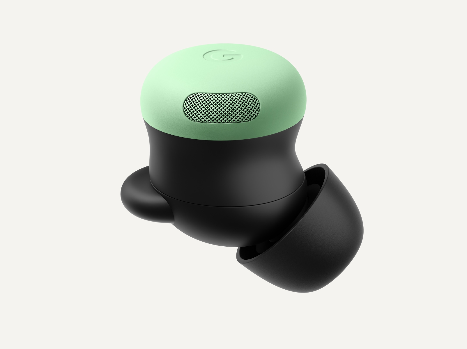 A side view of a single Pixel Buds Pro earbud in the color Wintergreen.
