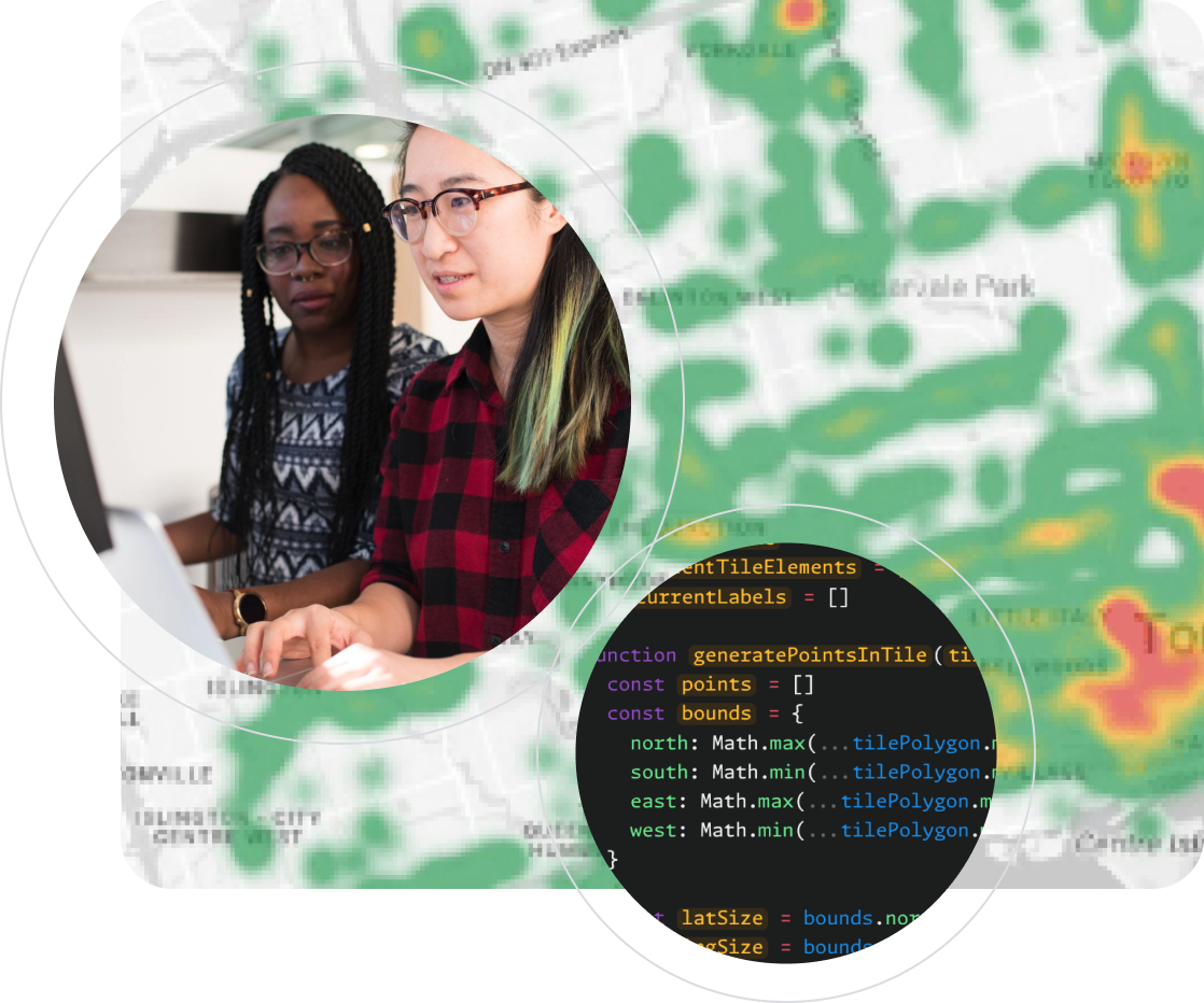 Two people collaborating on a laptop, overlaid on a heatmap visualization and a code snippet.