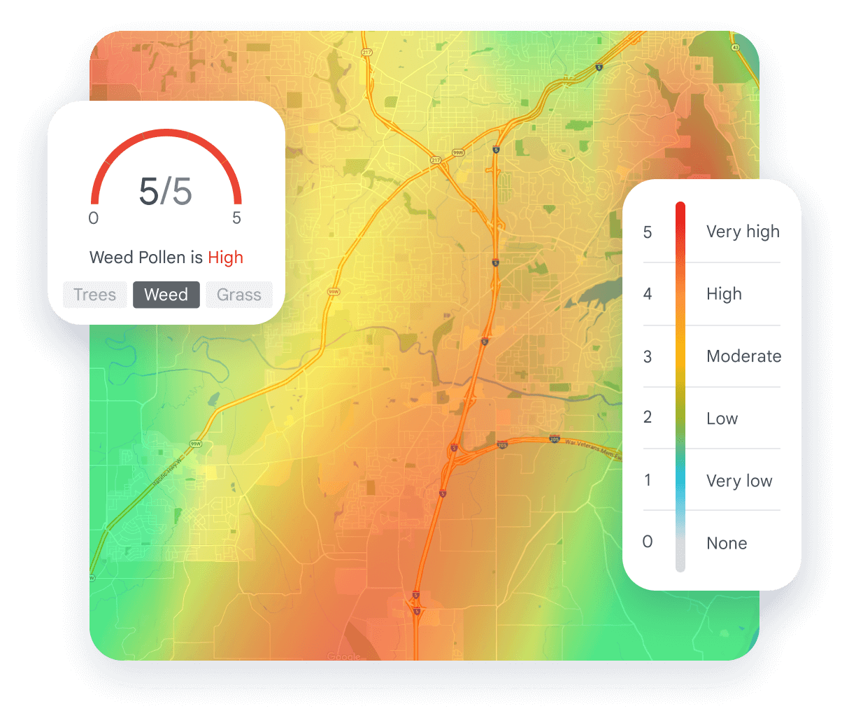 Carte de la qualité de l'air montrant les niveaux de pollens d'herbacées