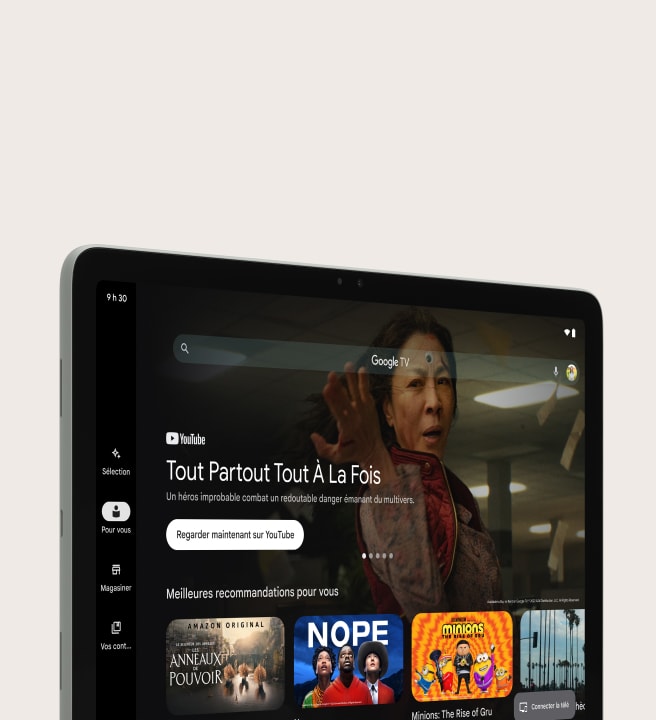Gros plan de la Pixel Tablet avec des éléments de divertissement sur l'écran frontal.