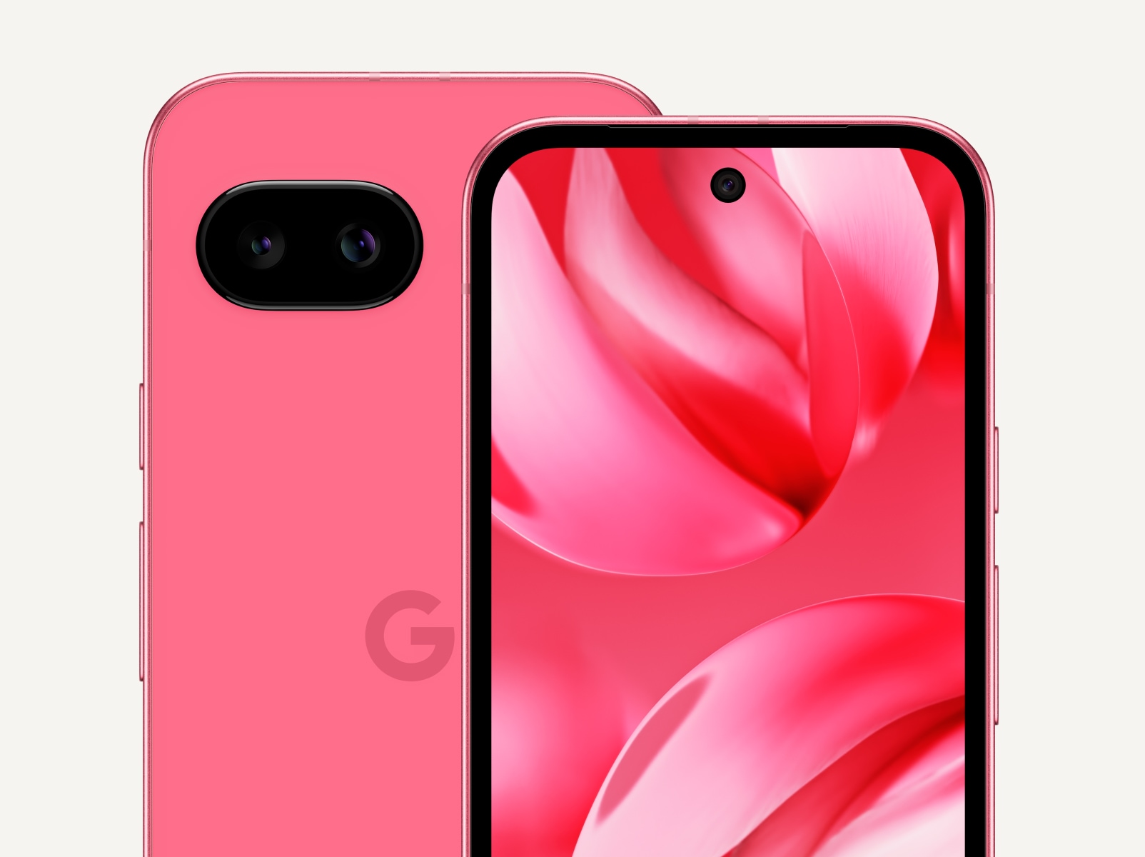 The front and back of Pixel 9a in Peony colour. The screen displays swirly shapes.