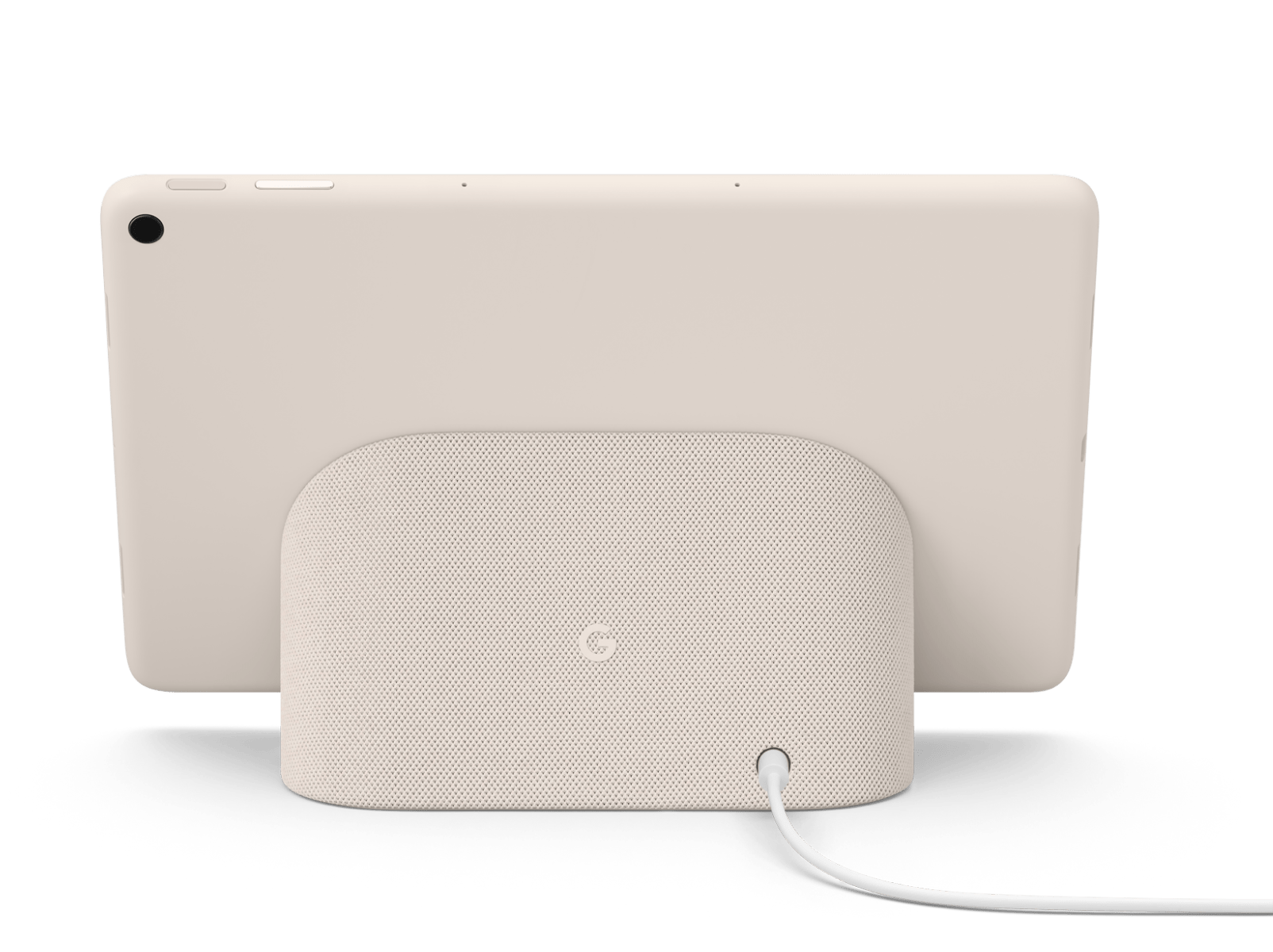 Vue arrière de la Pixel Tablet sur une station de recharge avec haut-parleur