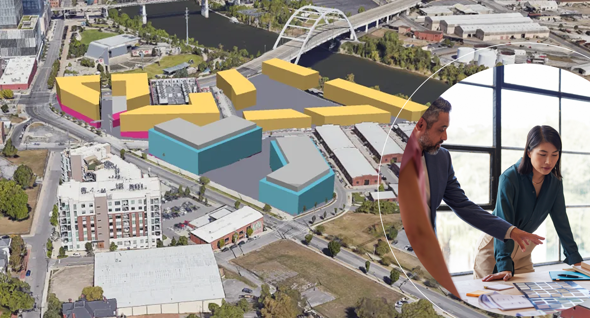 Colleagues looking at color swatches superimposed on a 3D rendering of an urban neighborhood.