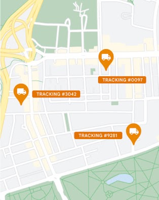 Map showing the locations of four numbered delivery trucks