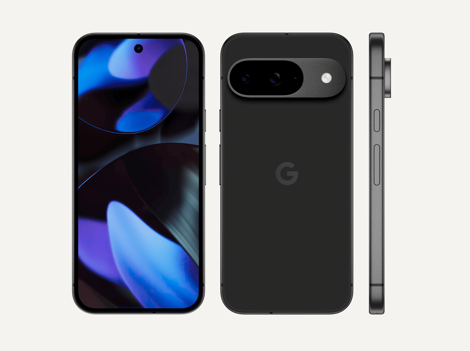 The front, back and side of a Pixel 9 in Obsidian colour. The back shows off its upgraded camera bump, the front shows off its brilliant display and the side shows off its satin-finish metal frame.