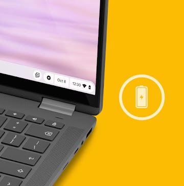 Primer plano de un teclado de Chromebook con un icono de batería llena a su lado