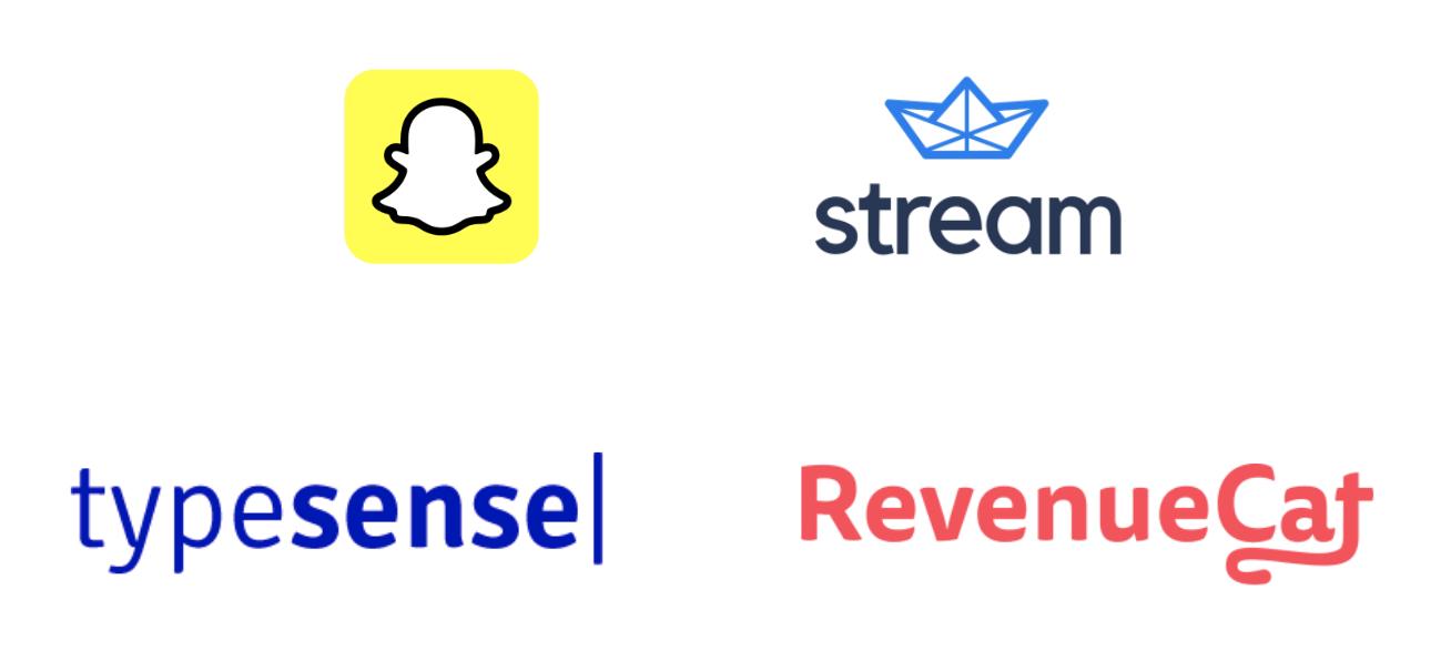 Snap, stream, typesense, and RevenueCat logos