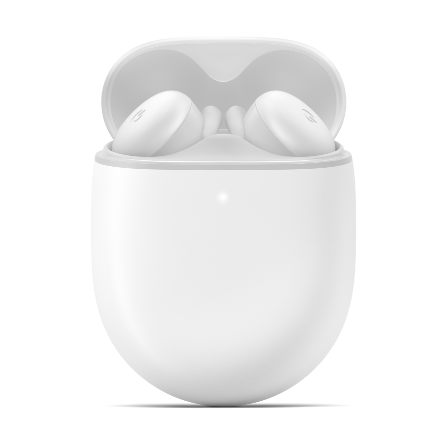 A pair of Pixel Buds A-Series in the color Clearly White, resting in an open charging case