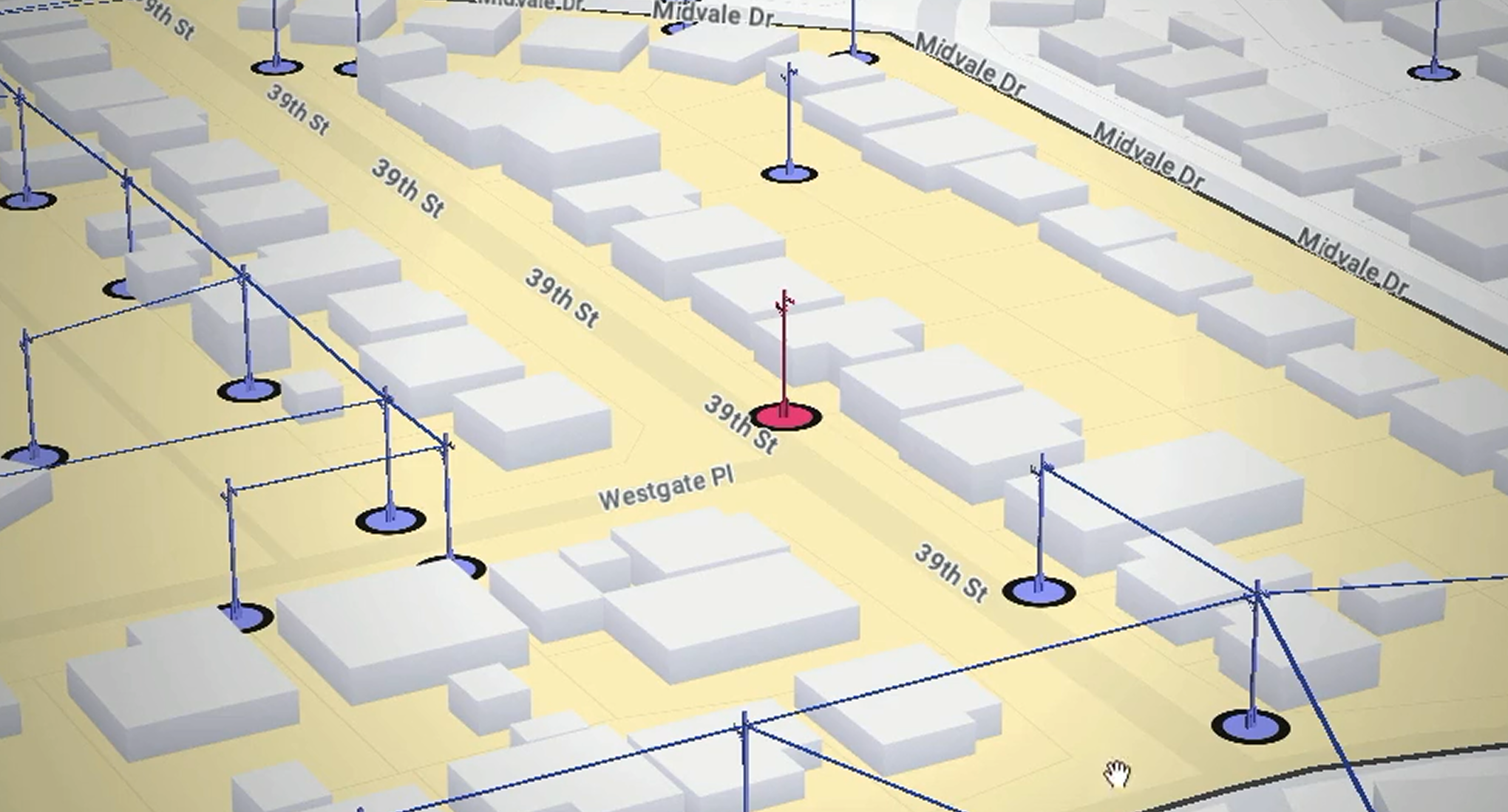 2D street map showing color coded infrastructure placemarks