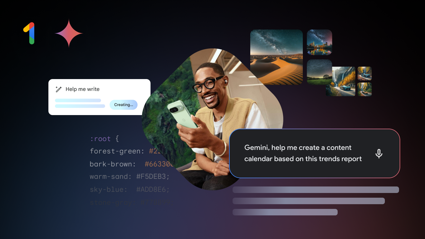Image of a man holding a Google Pixel phone, using Gemini to help him write, generate code and images, and create a content calendar.