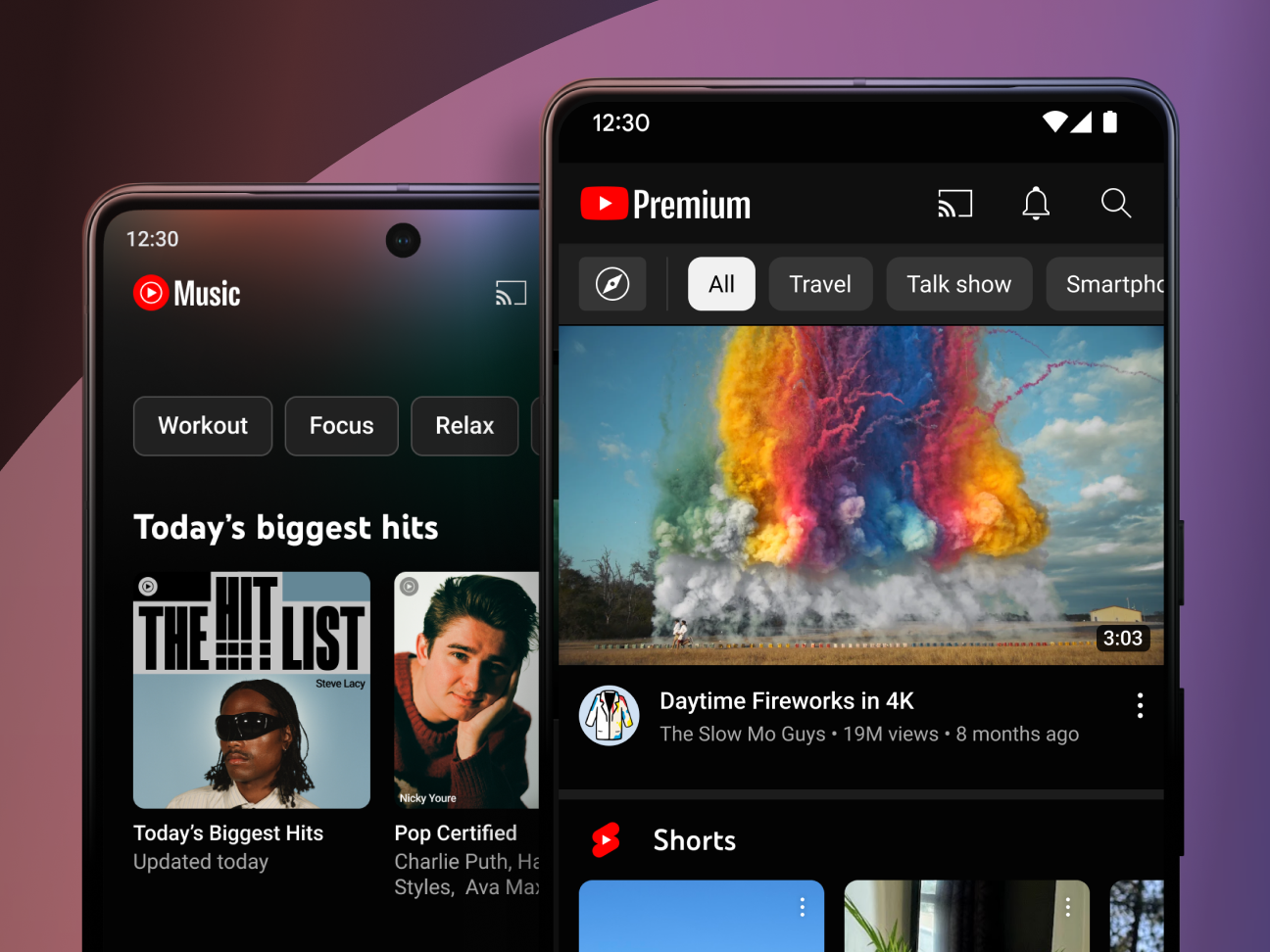 Two phones, one displaying YouTube Music playlists and the other showing a video of daytime fireworks on YouTube Premium.