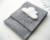 Grey Felt Card Holder/Wallet with White and Silver Rain Cloud