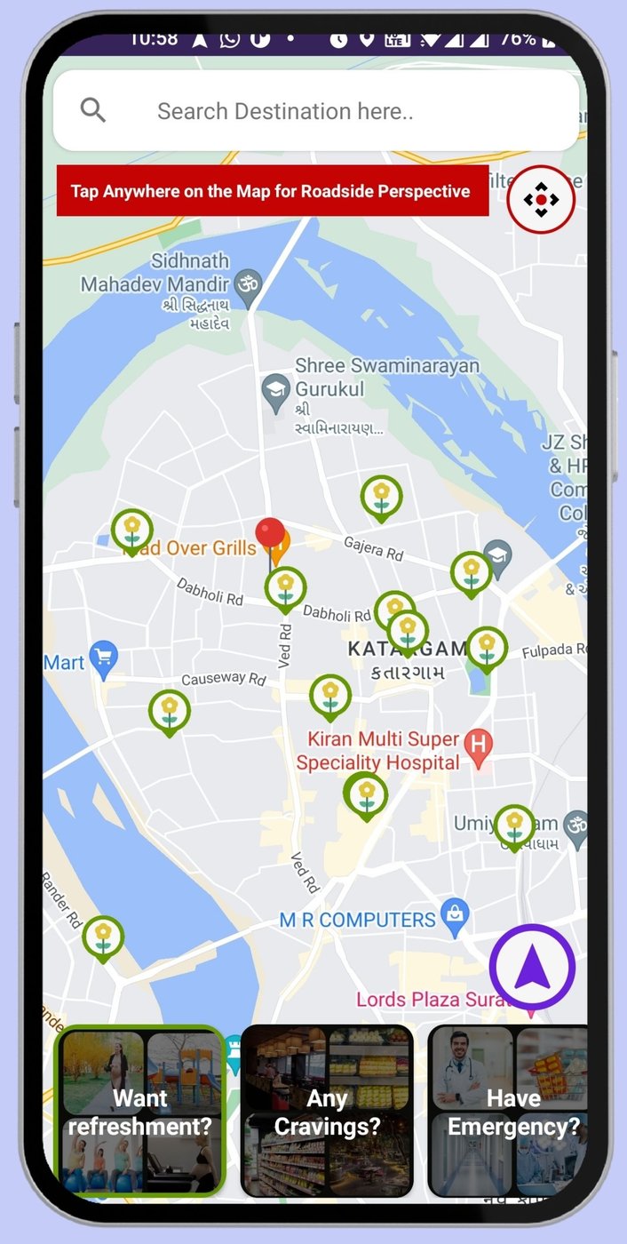 Google Maps Maternity app UI showing restaurants, hospitals, and emergency help to assist expectant moms