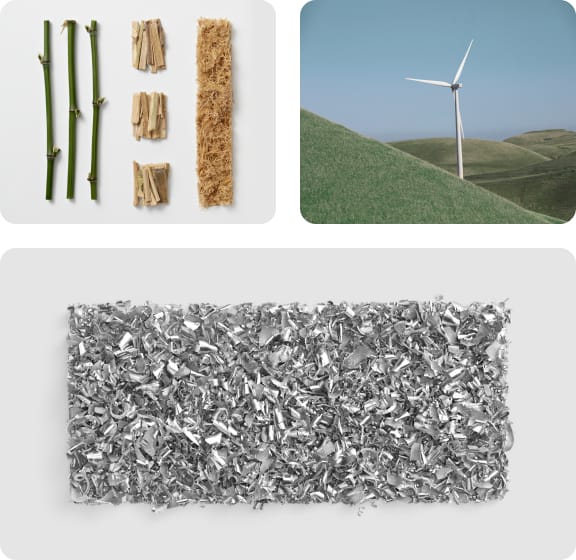 A collage of art materials, Nest Wifi Pro routers, a water bottle transforming into recycled materials, and hands assembling a new product