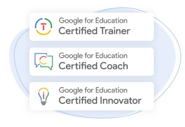 The image has three badges in the form of rectangle blocks over a blue, bean-shaped blob background for the purpose of highlighting the Google Educator Programs. The first shows a red T inside a blue, green, and yellow circle to represent a Google for Education Certified Trainer badge. The second shows a red and yellow C inside intersecting blue and green speech bubbles to represent a Google for Education Certified Coach badge. The third shows a red i inside a blue, yellow, green, and gray light bulb to represent a Google for Education Certified Innovator badge.