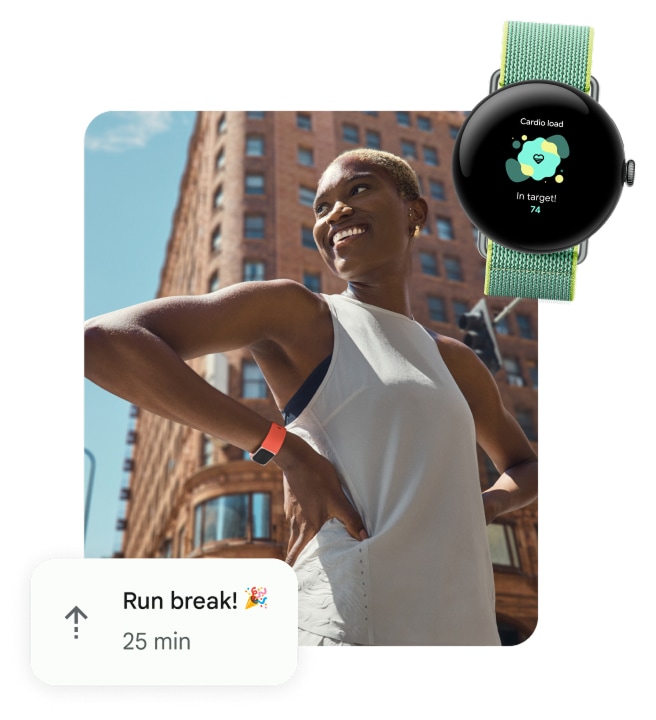 A person in workout gear wears a Fitbit Charge 6. Next to them is a front-facing view of the Pixel Watch 3 and a workout note that reads, "Run break!"