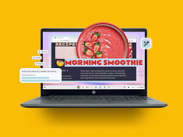 Una ventana del navegador abierta en un Chromebook con una página de blog de recetas, usando la función Ayúdame a escribir que pide escribir un nombre divertido para un batido saludable.