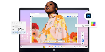 Una foto de una mujer con una camiseta rosa floral está siendo editada en Photoshop en un Chromebook.