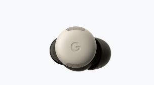 The top of a single Pixel Buds Pro earbud in the color Porcelain.