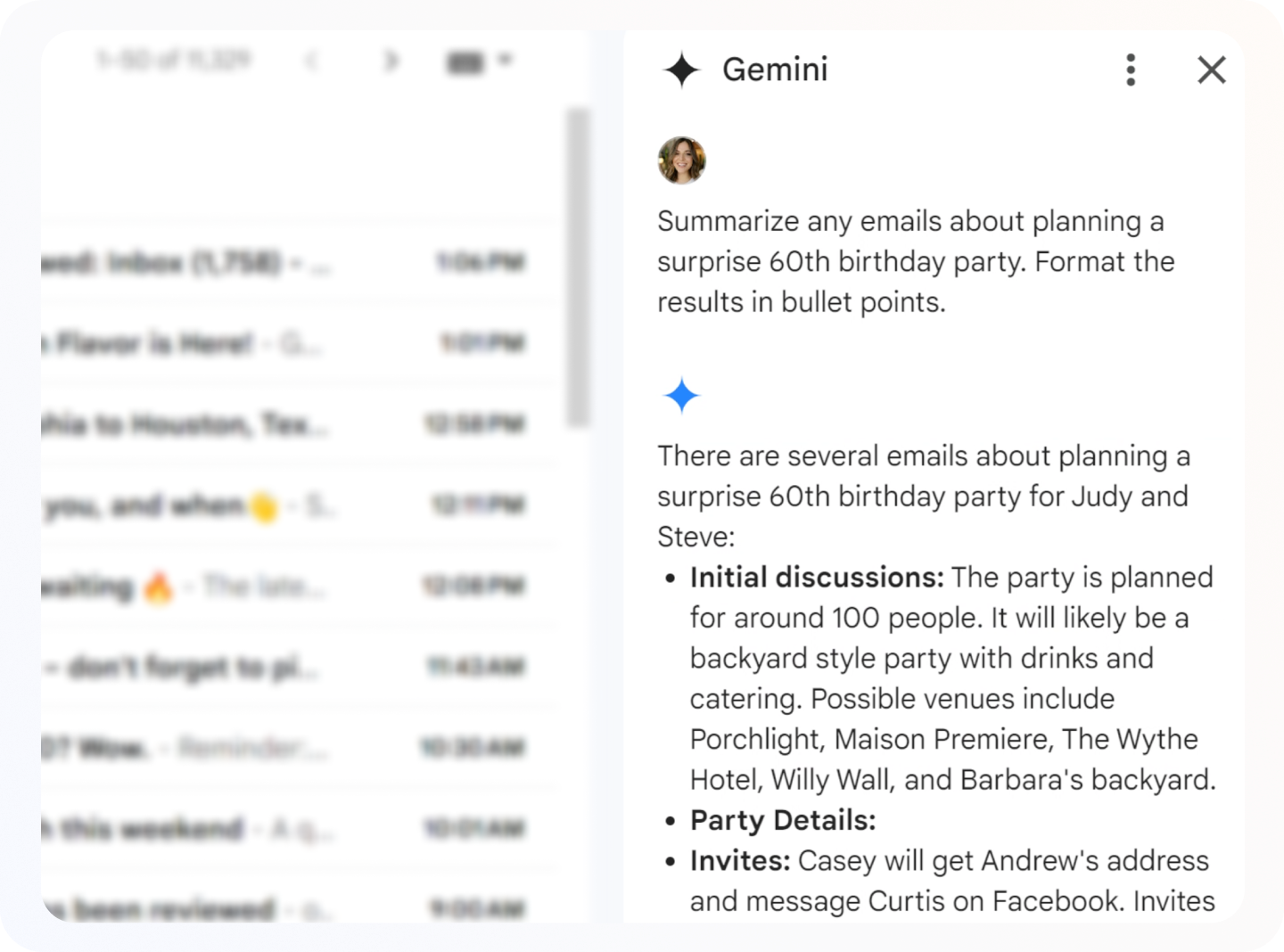 Image of the Gemini side panel in Gmail, showing a user prompting Gemini to summarize emails about planning a surprise party.