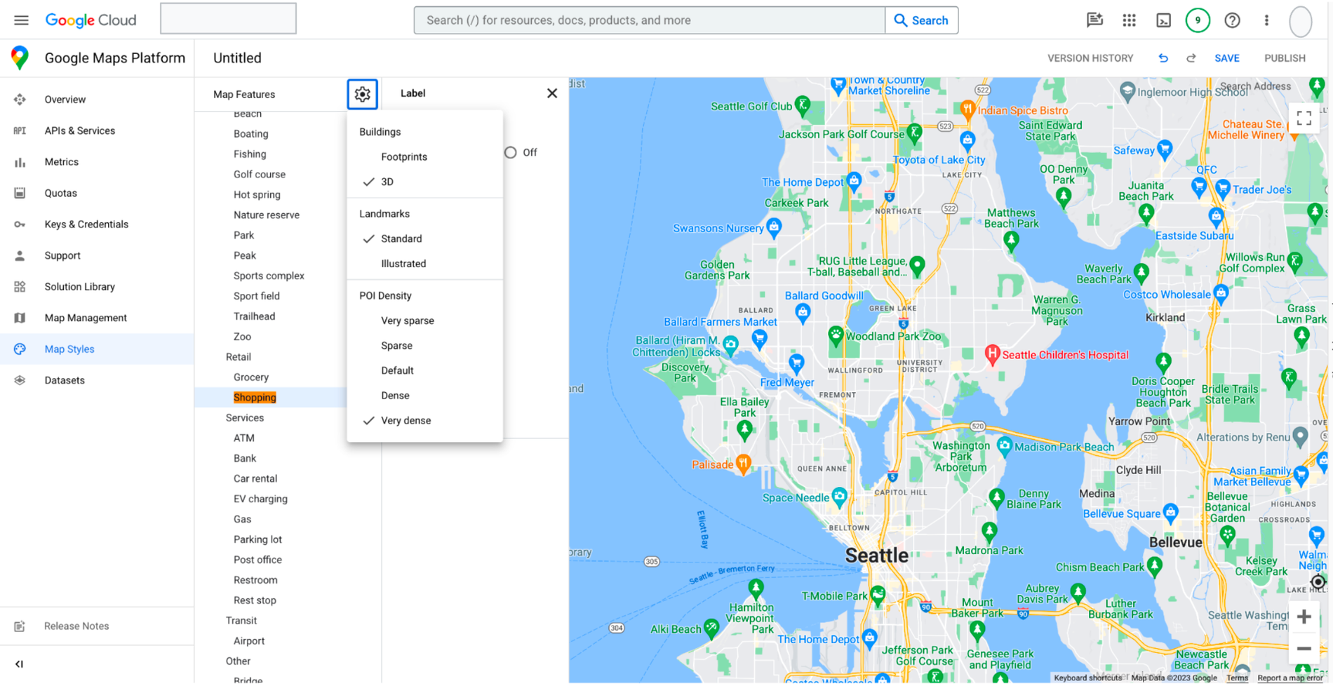 Map features dropdown showing that the user can adjust the number of points of interest to be displayed on a map with POI Density