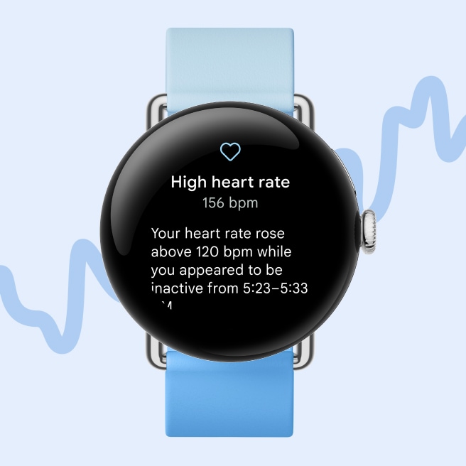 Google Pixel Watch 2 displaying heart rate information. It shows the wearer that their heart rate rose while inactive.