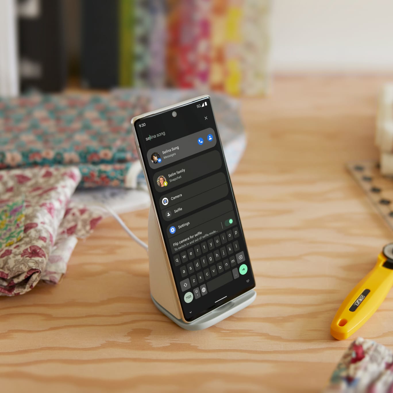 Pixel phone sits on the charger.