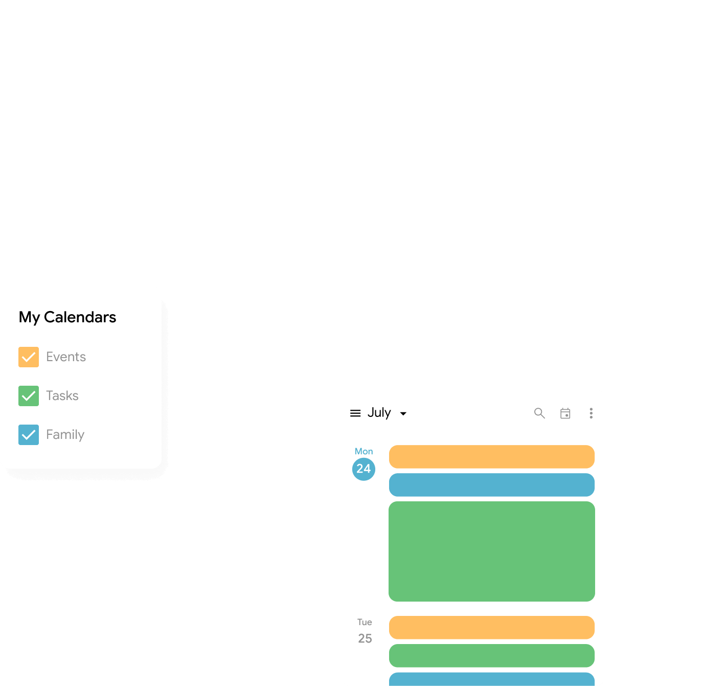 google calendar showing blocked off time slots throughout the day with different categories to check off for organization