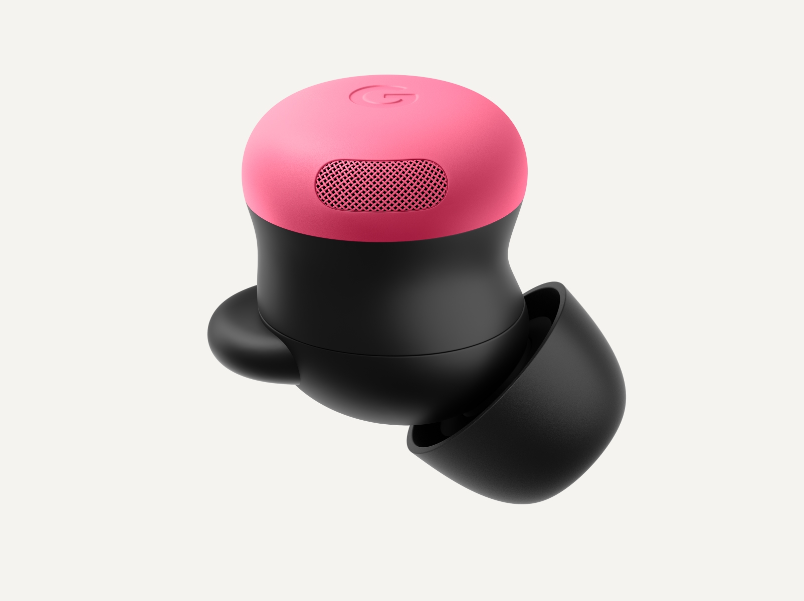 A side view of a single Pixel Buds Pro earbud in the color Peony.